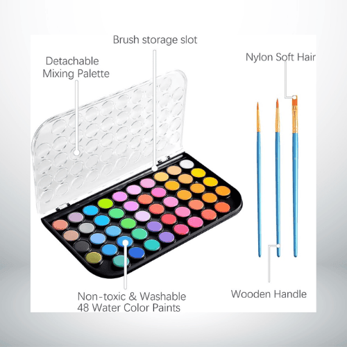 48-Color Watercolor Paint Set with Brushes