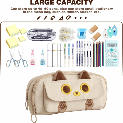 3D Cat Large Capacity Pencil Case – Waterproof Oxford Pen Pouch with 3 Compartments