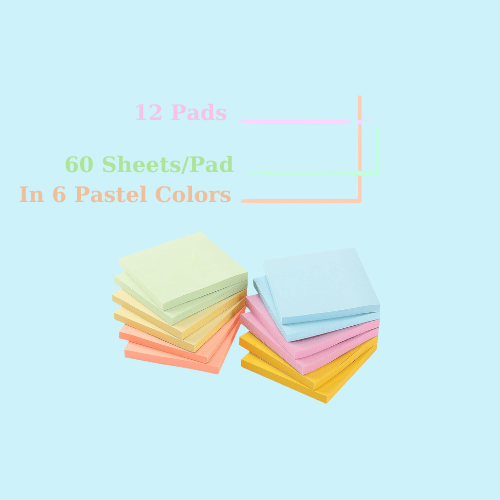 Pastel Sticky Notes – 12 Pads, 60 Sheets Per Pad, 720 Sheets Total