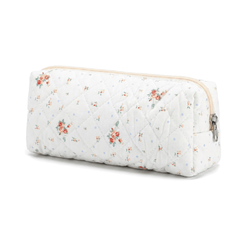 Cute Floral Quilted Pencil Case – Aesthetic Soft Cotton Canvas Pen Pouch