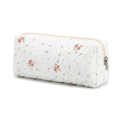 Cute Floral Quilted Pencil Case – Aesthetic Soft Cotton Canvas Pen Pouch