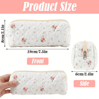 Cute Floral Quilted Pencil Case – Aesthetic Soft Cotton Canvas Pen Pouch