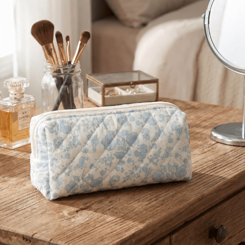 Cute Floral Quilted Pencil Case – Aesthetic Soft Cotton Canvas Pen Pouch