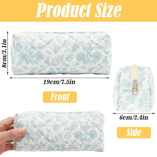 Cute Floral Quilted Pencil Case – Aesthetic Soft Cotton Canvas Pen Pouch