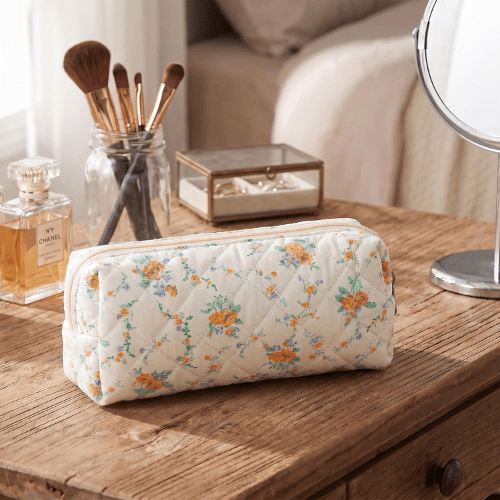 Cute Floral Quilted Pencil Case – Aesthetic Soft Cotton Canvas Pen Pouch