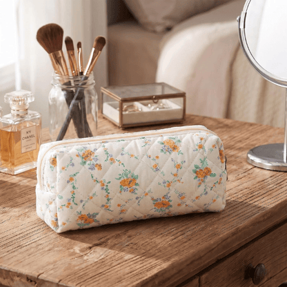 Cute Floral Quilted Pencil Case – Aesthetic Soft Cotton Canvas Pen Pouch