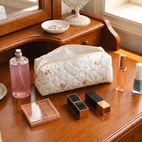 Cute Floral Quilted Pencil Case – Aesthetic Soft Cotton Canvas Pen Pouch