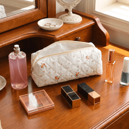 Cute Floral Quilted Pencil Case – Aesthetic Soft Cotton Canvas Pen Pouch