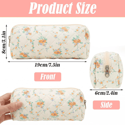 Cute Floral Quilted Pencil Case – Aesthetic Soft Cotton Canvas Pen Pouch