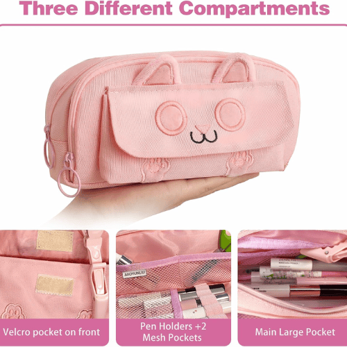 3D Cat Large Capacity Pencil Case – Waterproof Oxford Pen Pouch with 3 Compartments