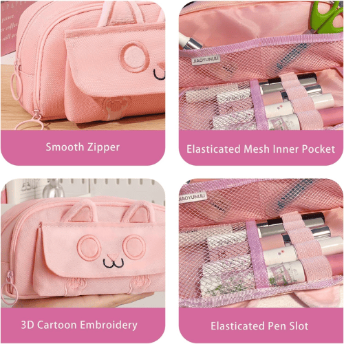 3D Cat Large Capacity Pencil Case – Waterproof Oxford Pen Pouch with 3 Compartments