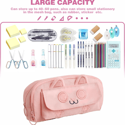 3D Cat Large Capacity Pencil Case – Waterproof Oxford Pen Pouch with 3 Compartments