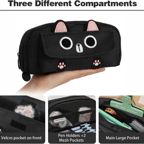 3D Cat Large Capacity Pencil Case – Waterproof Oxford Pen Pouch with 3 Compartments