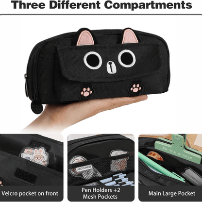 3D Cat Large Capacity Pencil Case – Waterproof Oxford Pen Pouch with 3 Compartments