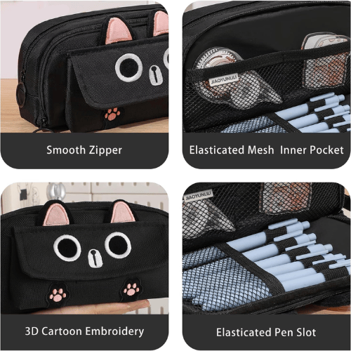 3D Cat Large Capacity Pencil Case – Waterproof Oxford Pen Pouch with 3 Compartments