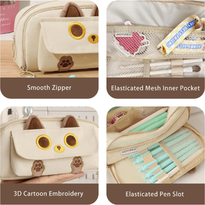 3D Cat Large Capacity Pencil Case – Waterproof Oxford Pen Pouch with 3 Compartments