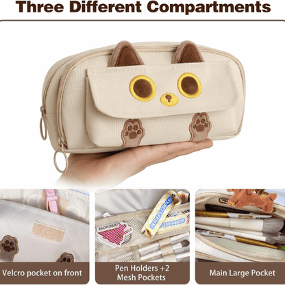 3D Cat Large Capacity Pencil Case – Waterproof Oxford Pen Pouch with 3 Compartments