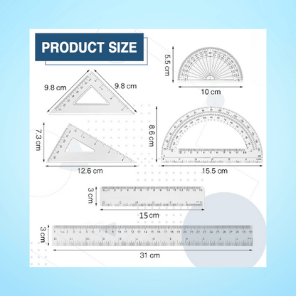 6-Piece Clear Plastic Math Tool Set – Protractors, Triangle Rulers, Straight Rulers