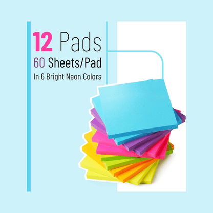 Bright Neon Sticky Notes – 12 Pads, 60 Sheets Per Pad, 720 Sheets Total